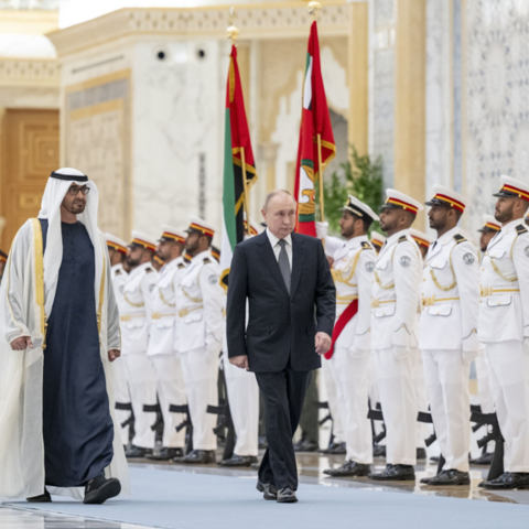 Russia's President Vladimir Putin and President of the United Arab Emirates Sheikh Mohamed bin Zayed Al Nahyan attend a welcoming ceremony ahead of their talks in Abu Dhabi on Dec. 6, 2023.